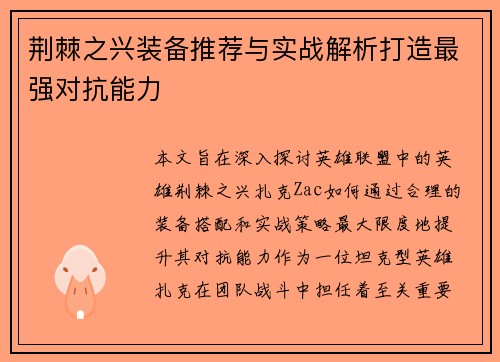 荆棘之兴装备推荐与实战解析打造最强对抗能力